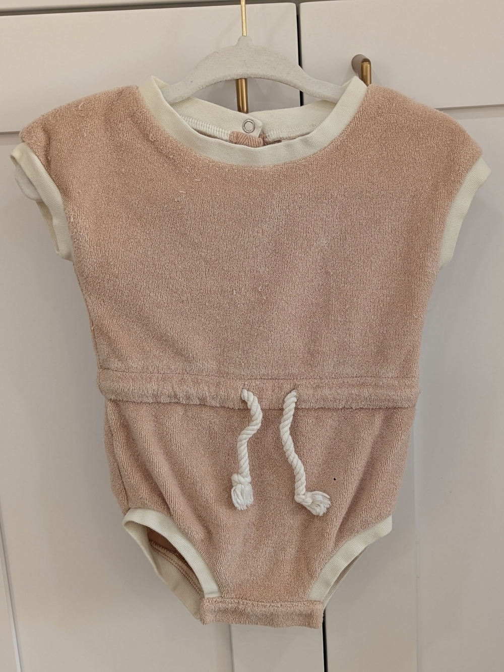 Quincy Mae Soft Terry One-Piece Romper in Blush with Contrast Trim